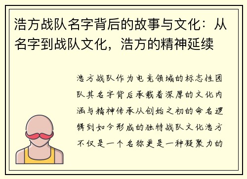 浩方战队名字背后的故事与文化：从名字到战队文化，浩方的精神延续